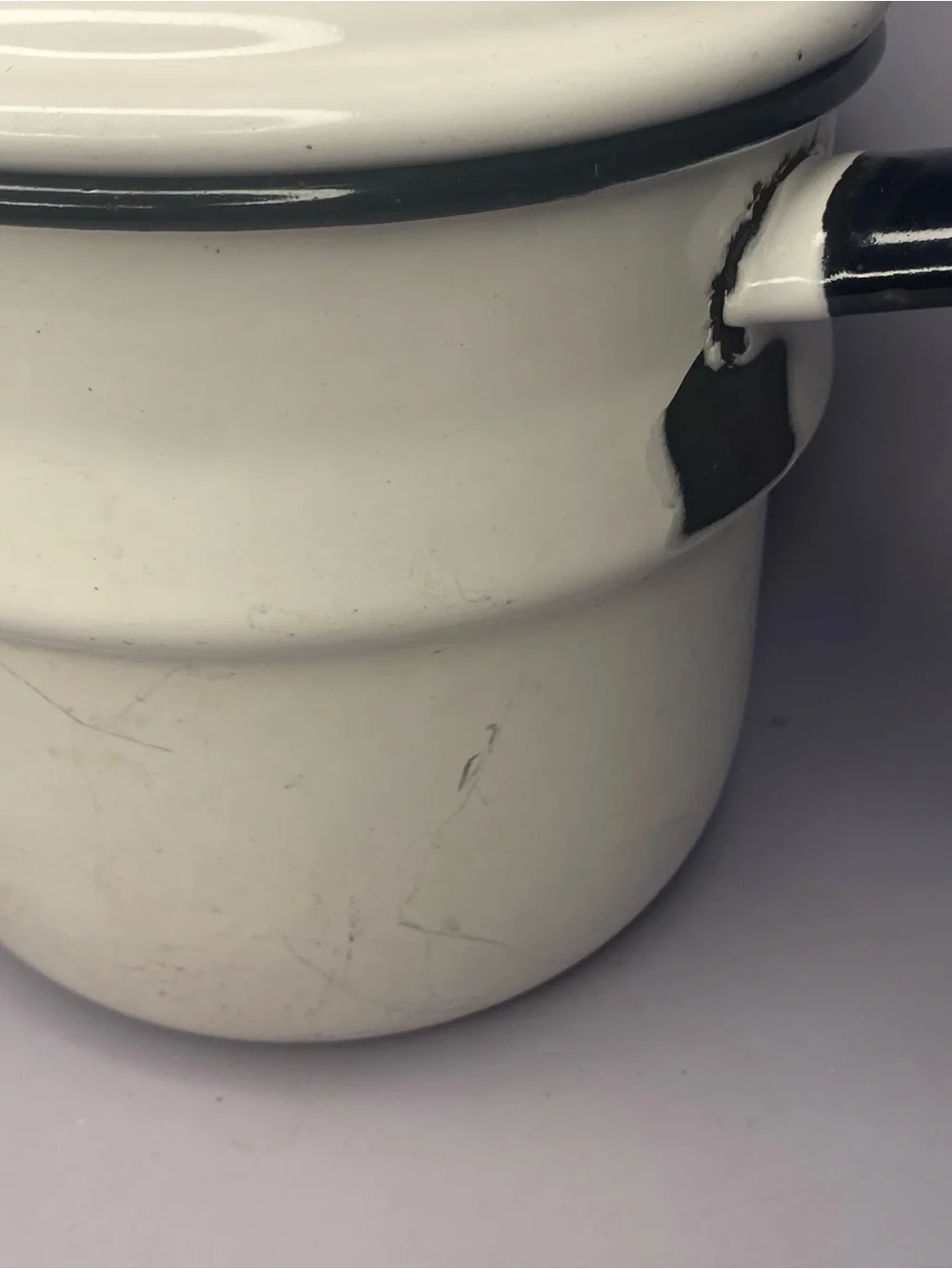 Vintage White Enamel Saucepan with Black Handle and Orange Knob